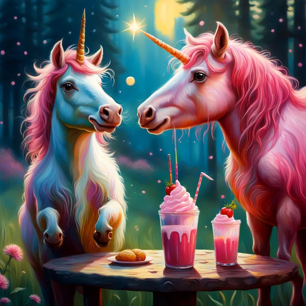 Pink Unicorns Enjoying Milkshakes as Oil Painting
