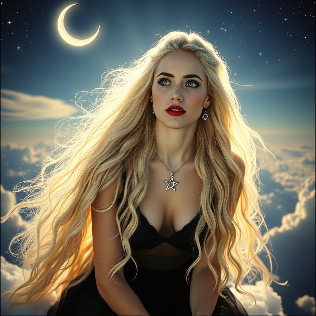 Starlight Goddess Under Crescent Moon