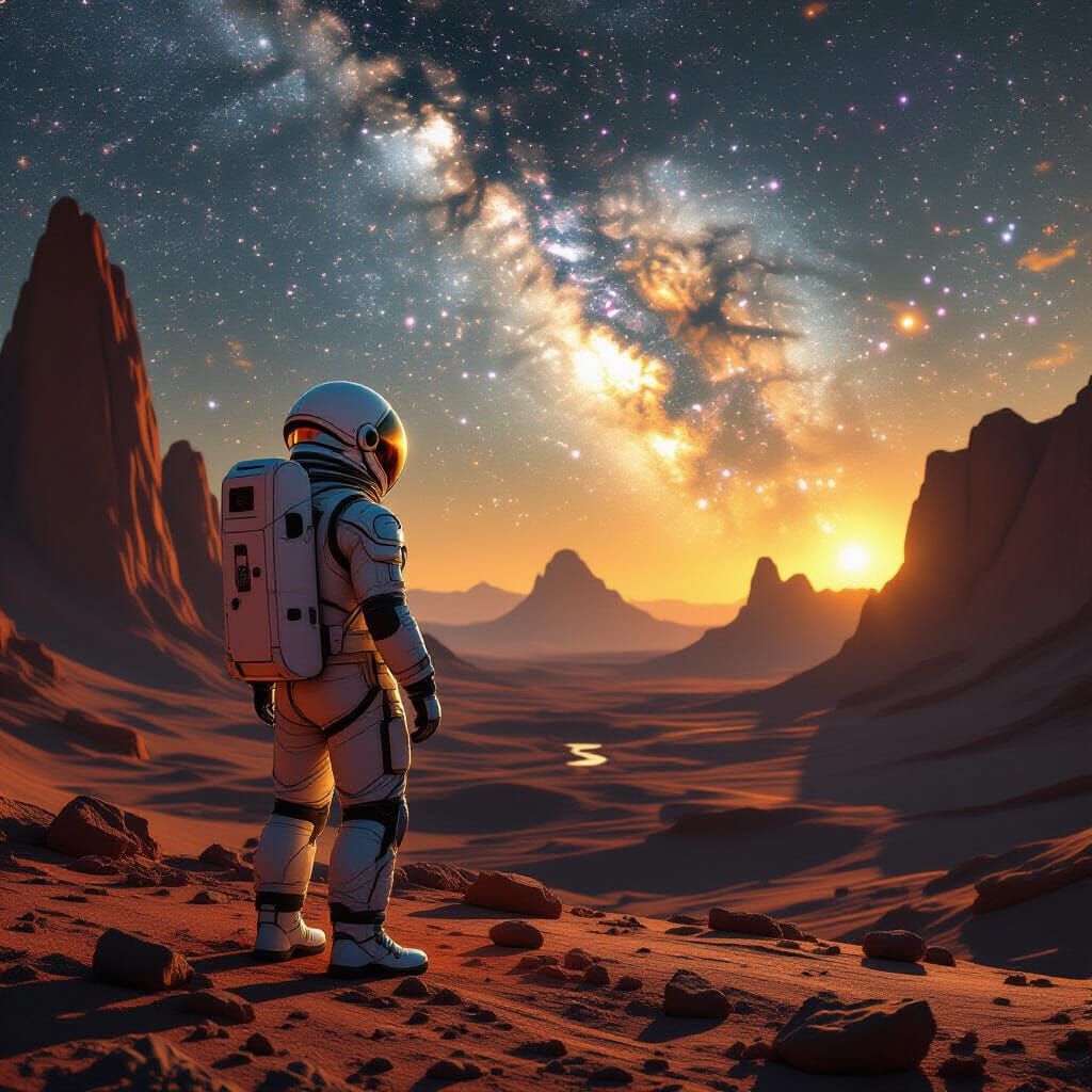 Astronaut on Alien Planet Gazing at Nebula Sky