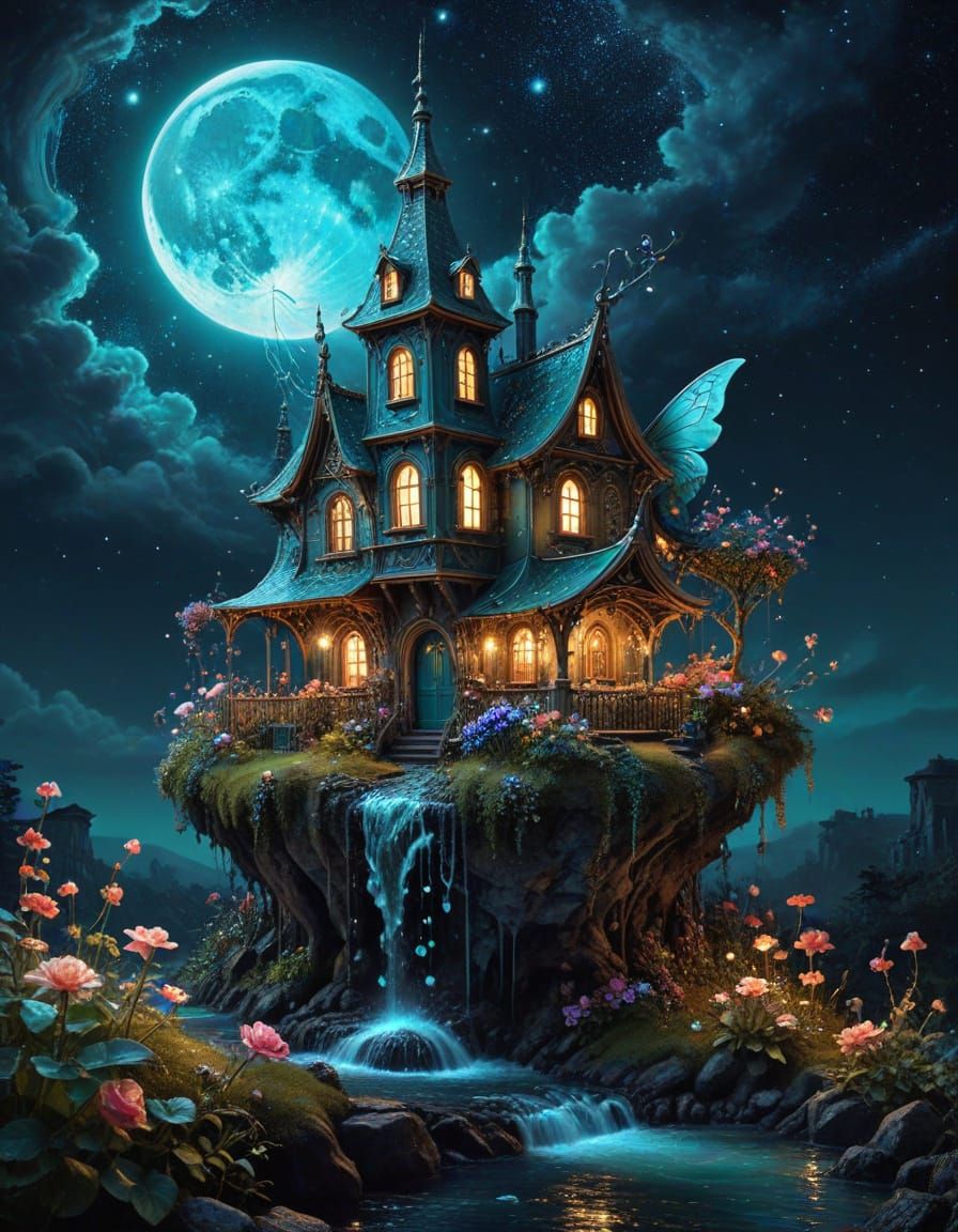 Ethereal Victorian Fairy Village Under Moonlit Skies