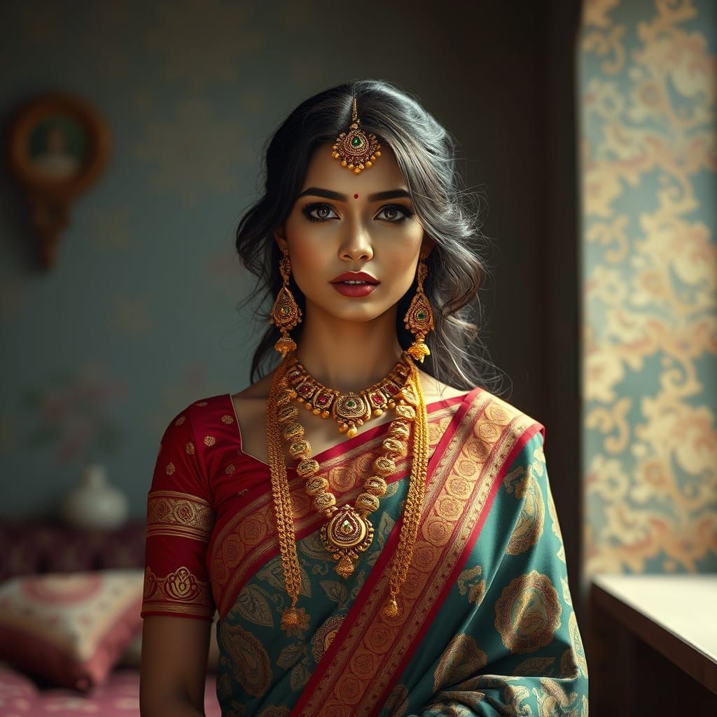 Sari-clad Woman in Ethereal Beauty