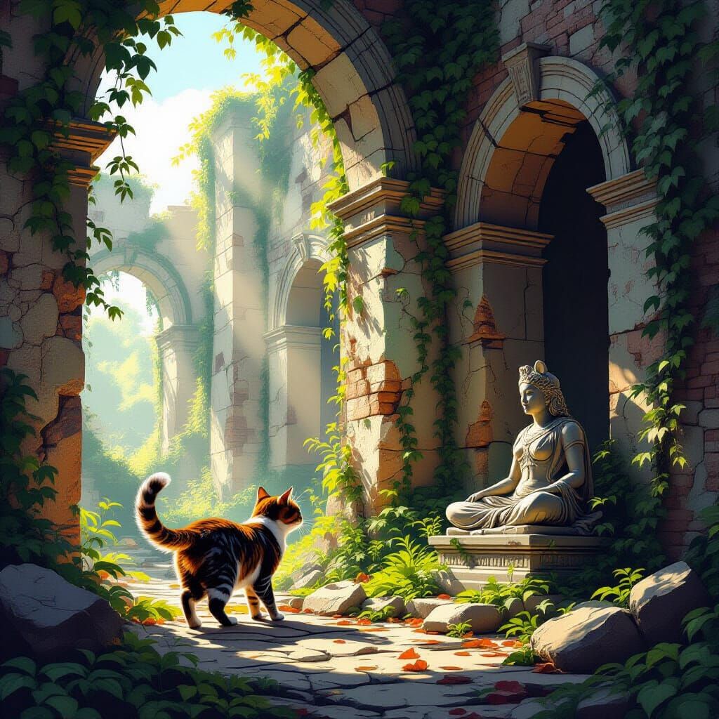 Cat Exploring Overgrown Ruins in Abstract Style
