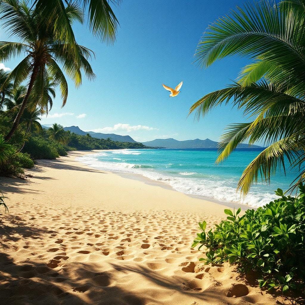 Tropical Beach Scene with Bird in Flight, Cinematic Style
