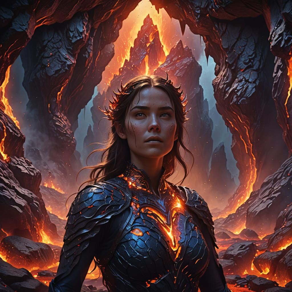 Ethereal Woman Emerges from Lava: Fantasy Art
