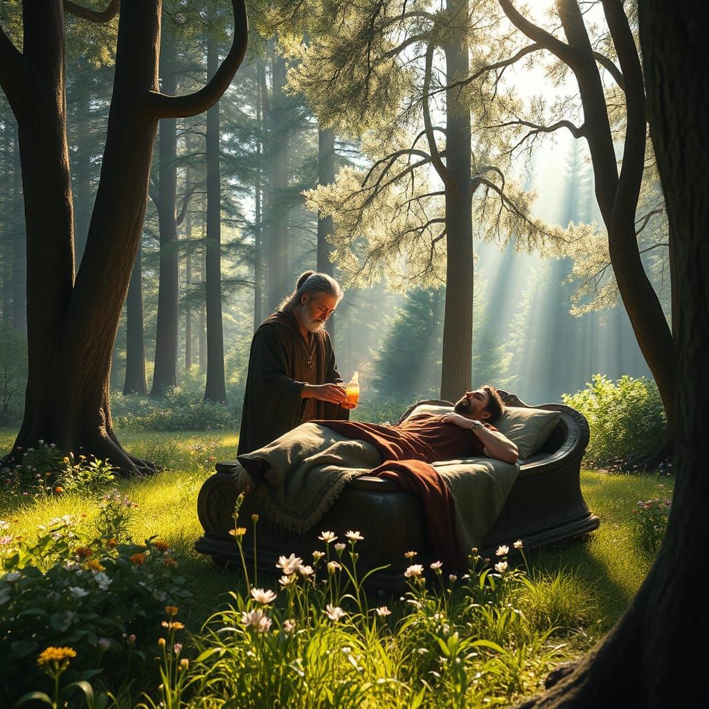 Serene Cedar Grove Sanctuary with Mystical Healing Scene