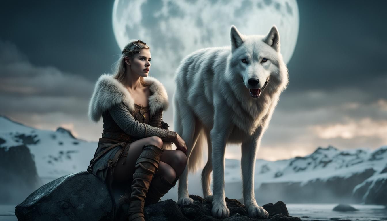 Viking Woman with Wolf in Moonlight