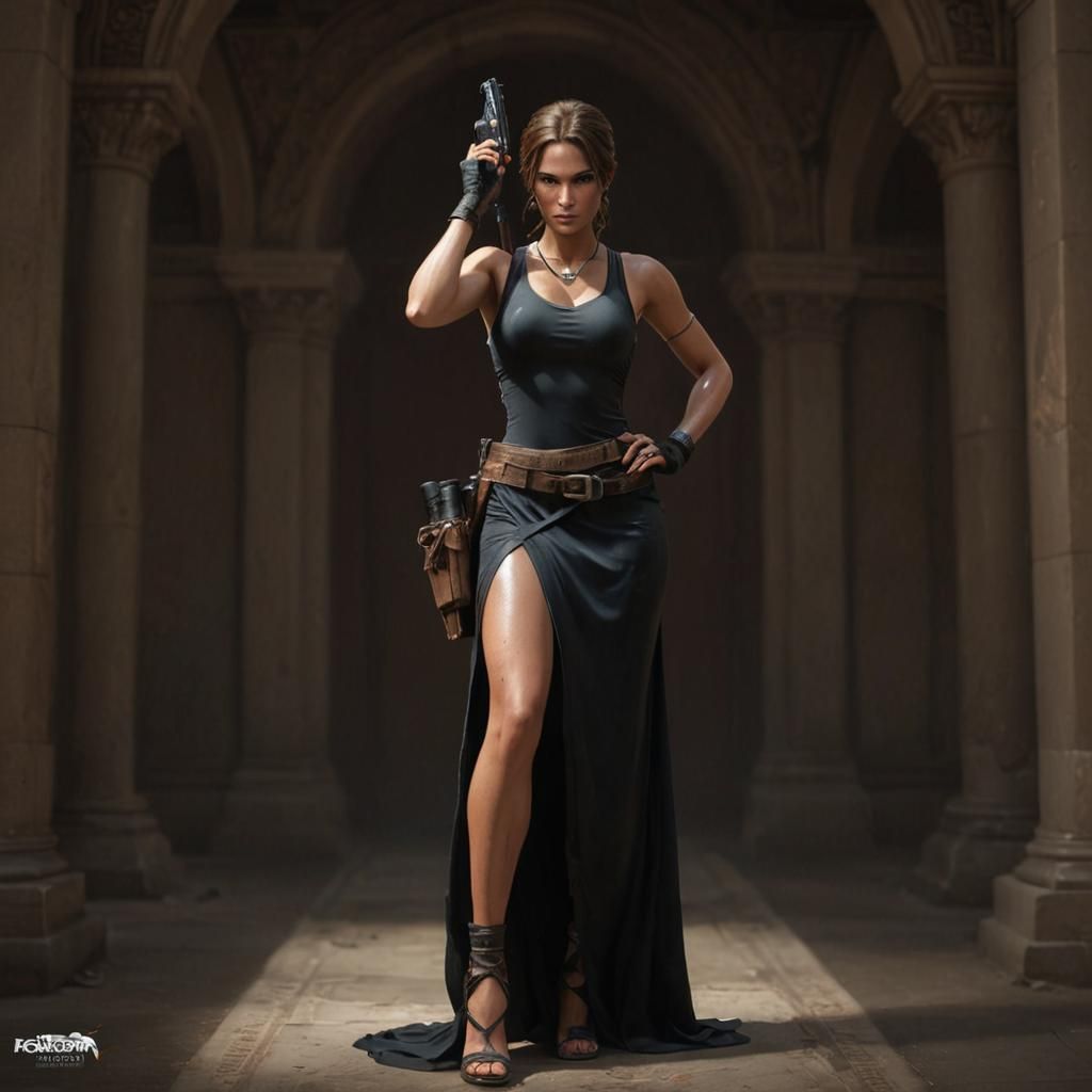 Lara Croft Portrait in Evening Gown, Detailed Digital Art
