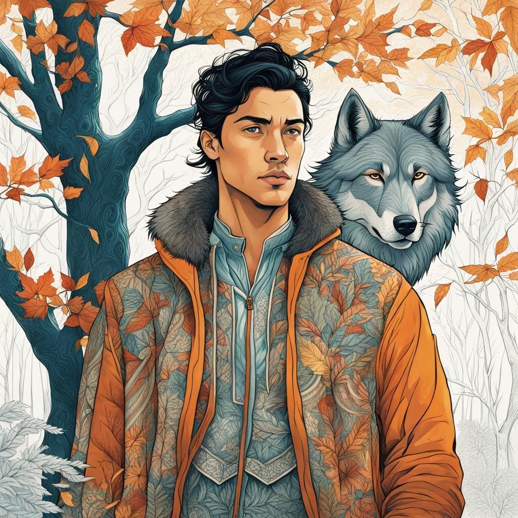 Cherokee Man and Wolf Sketch in Forest