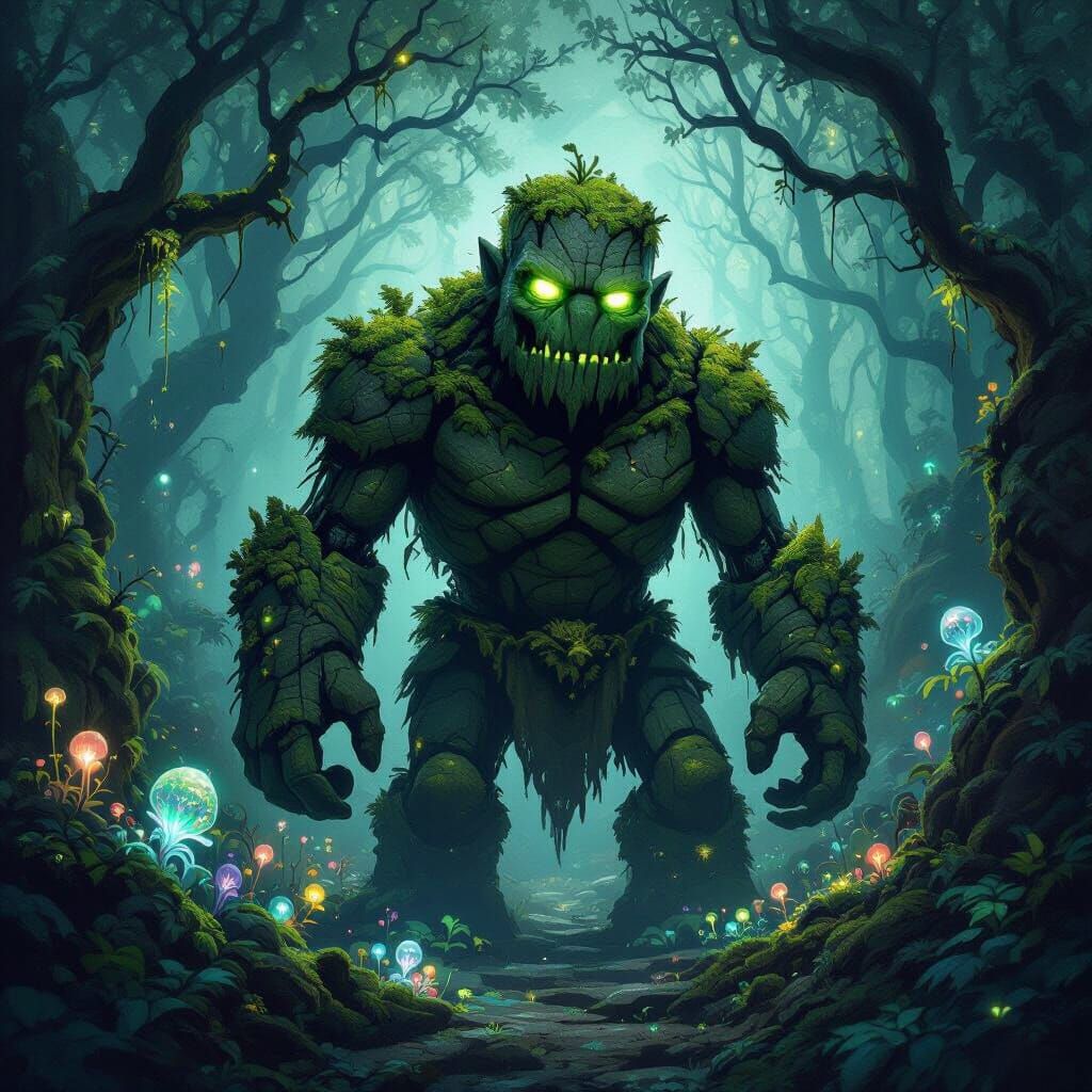 Mossy Stone Golem Guards Bioluminescent Forest