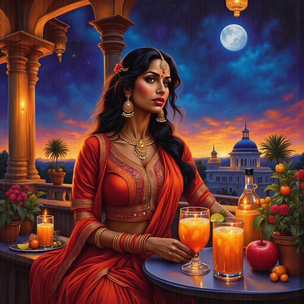Indian Woman on Terrace Bar Under Starry Night