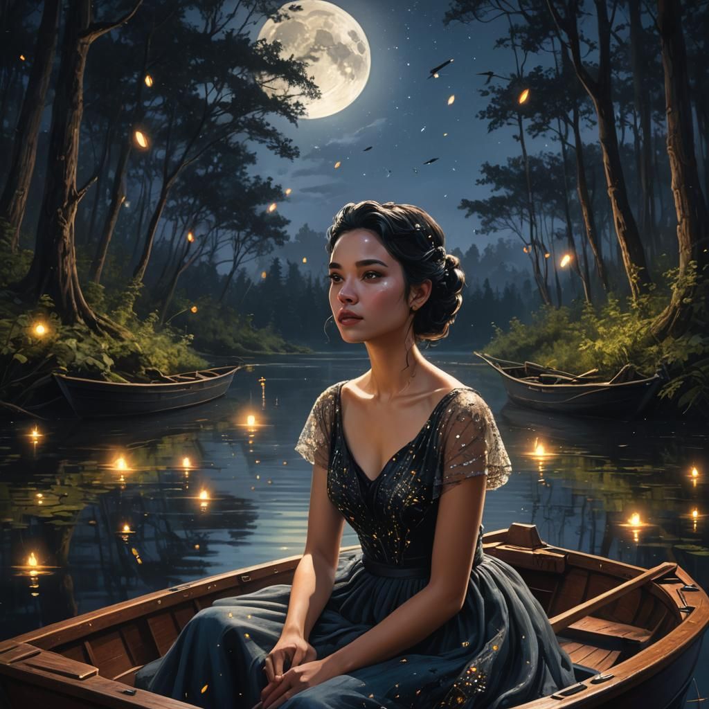 Girl in Boat Watching Fireflies: Hyperrealistic Concept Art