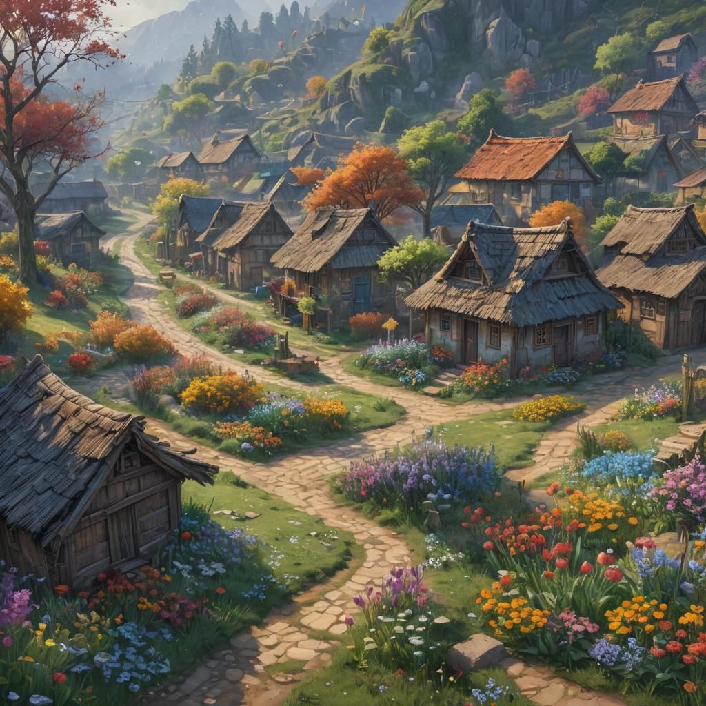 Small village with flower laden streets in spring