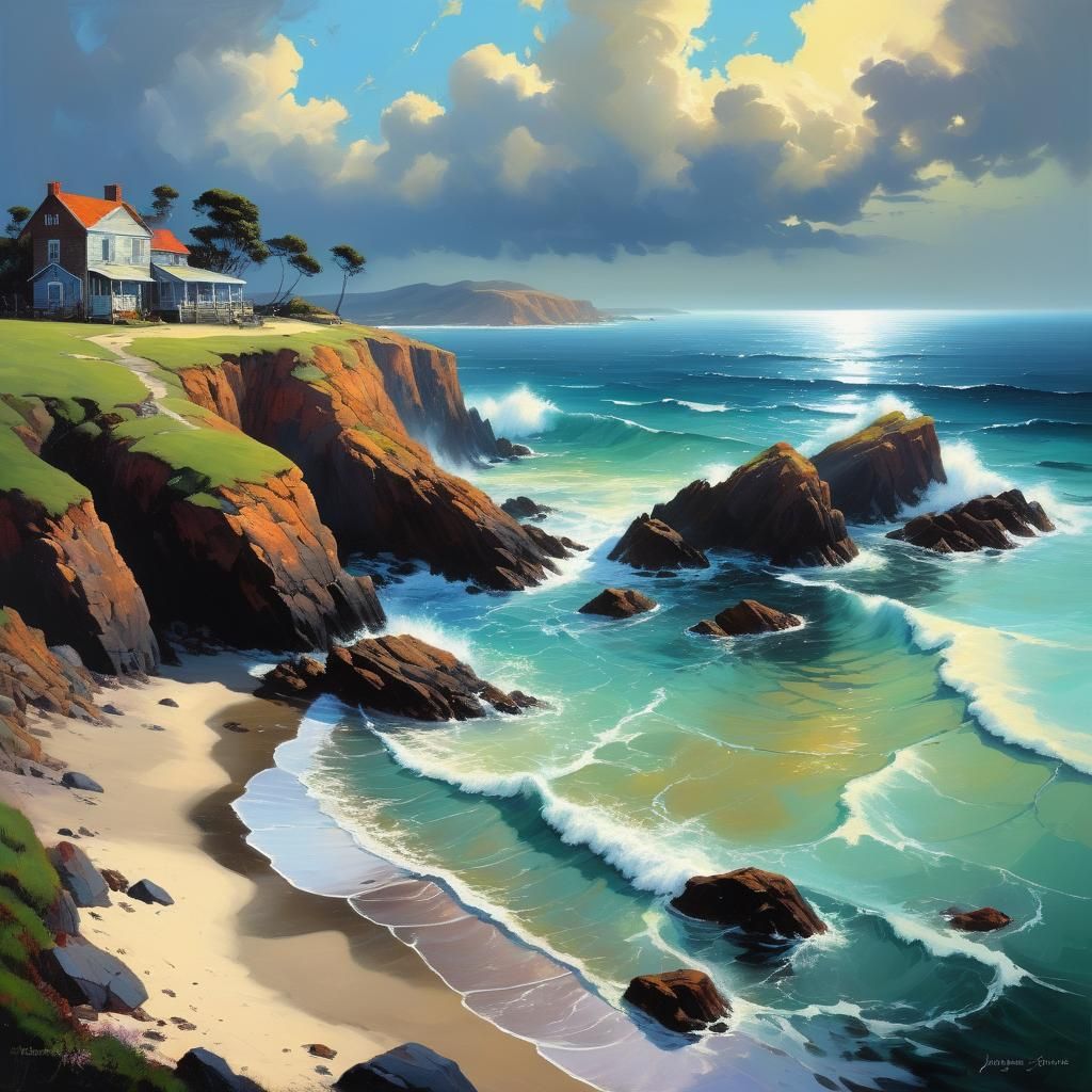 Enigmatic Seaside in Vivid Vector Oil Painting