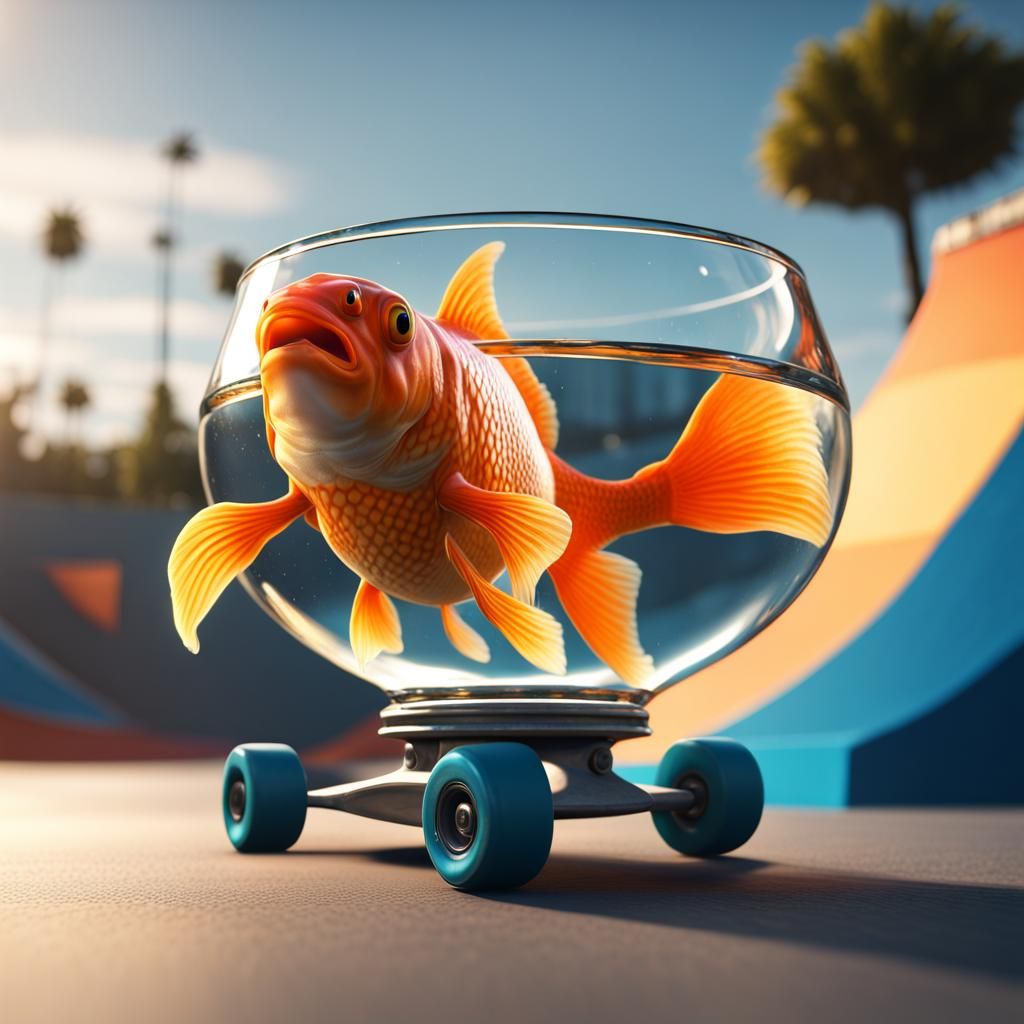 Goldfish Skateboarding in Fishbowl: Detailed Matte Painting