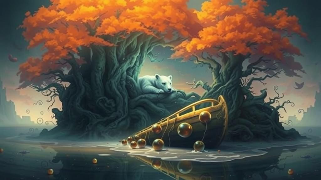 Polar Bear's Twilight Voyage in Giger-esque Dreamscape