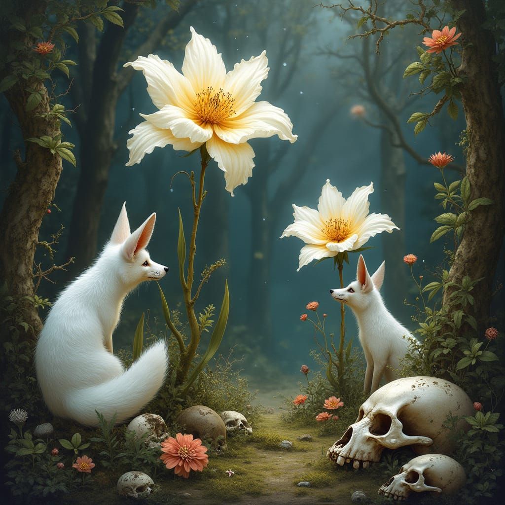 Whimsical Lokus Blooms in Enchanted Forest with Foxes and Sk...