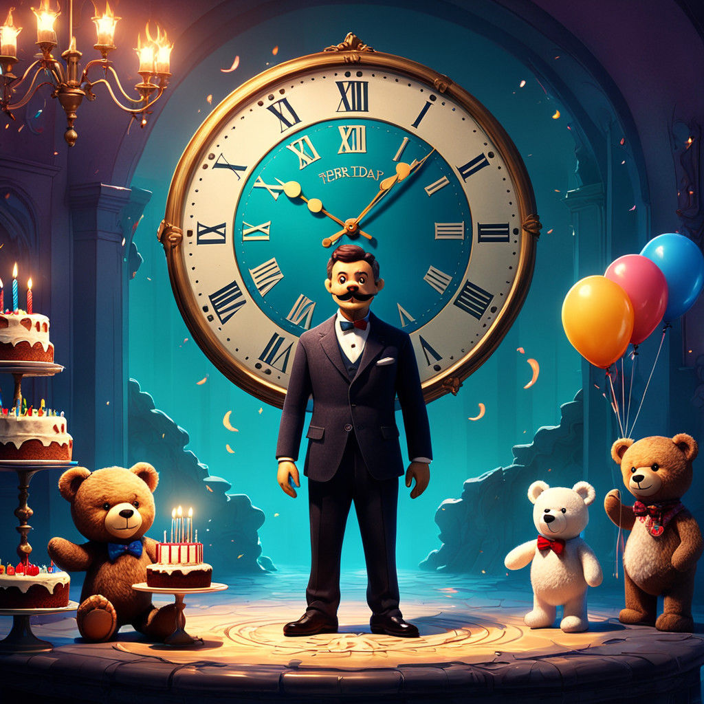 Whimsical Clock Character Wishes Happy Birthday to Mr. Teddy...