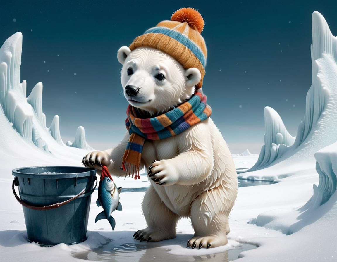 Polar Bear Cub with Fish: Naive Art in Winter