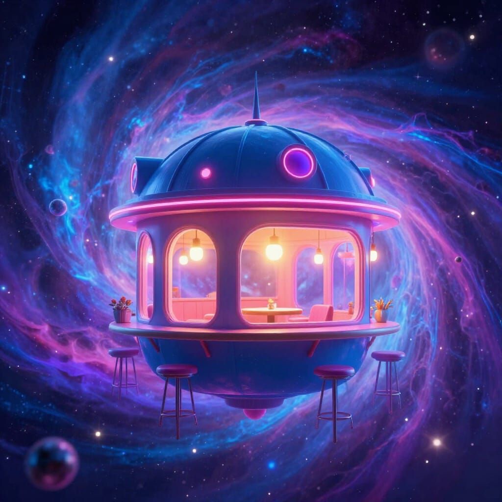 Whimsical Cafe in Vibrant Nebula, Synthwave Style