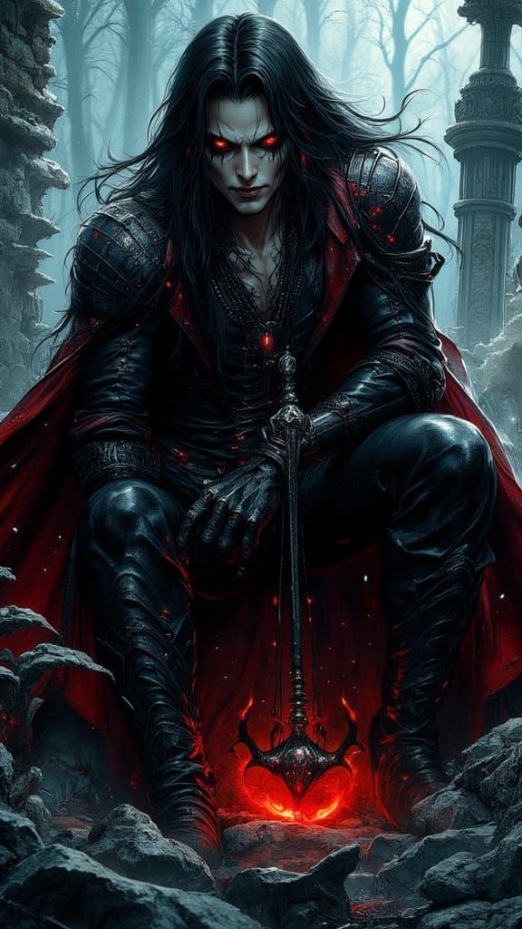 Gothic Cemetery Scene with Armored Hero