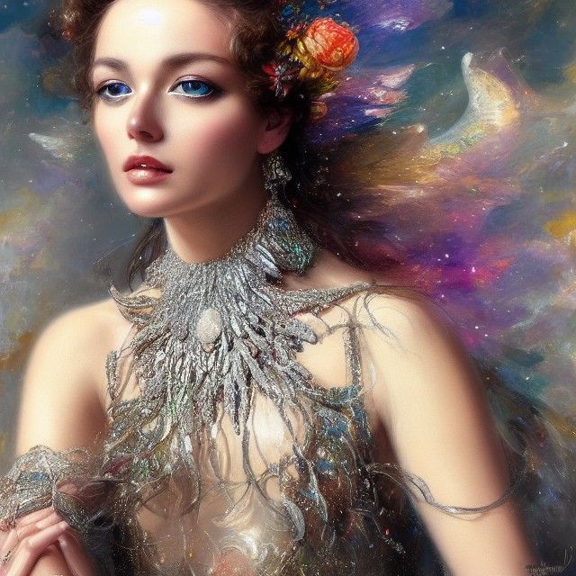 Celestial Woman in Silver Dress: Hyperdetailed Portrait