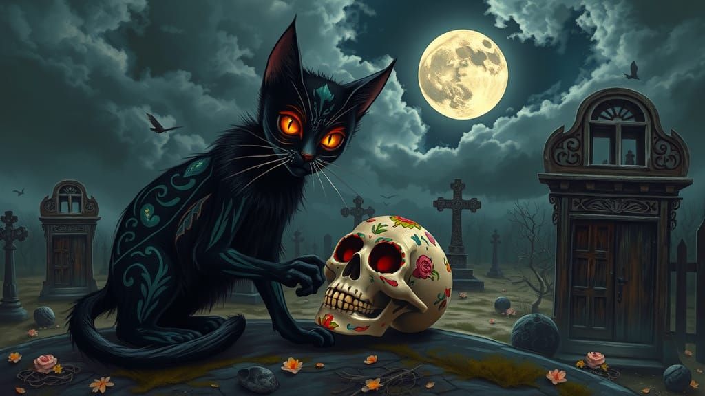 Dia de los Muertos Cat with Sugar Skull