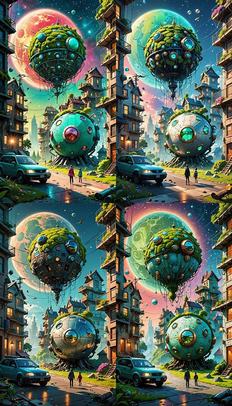 Surreal Landscape of Paradise with Flying Cars and Wondrous....