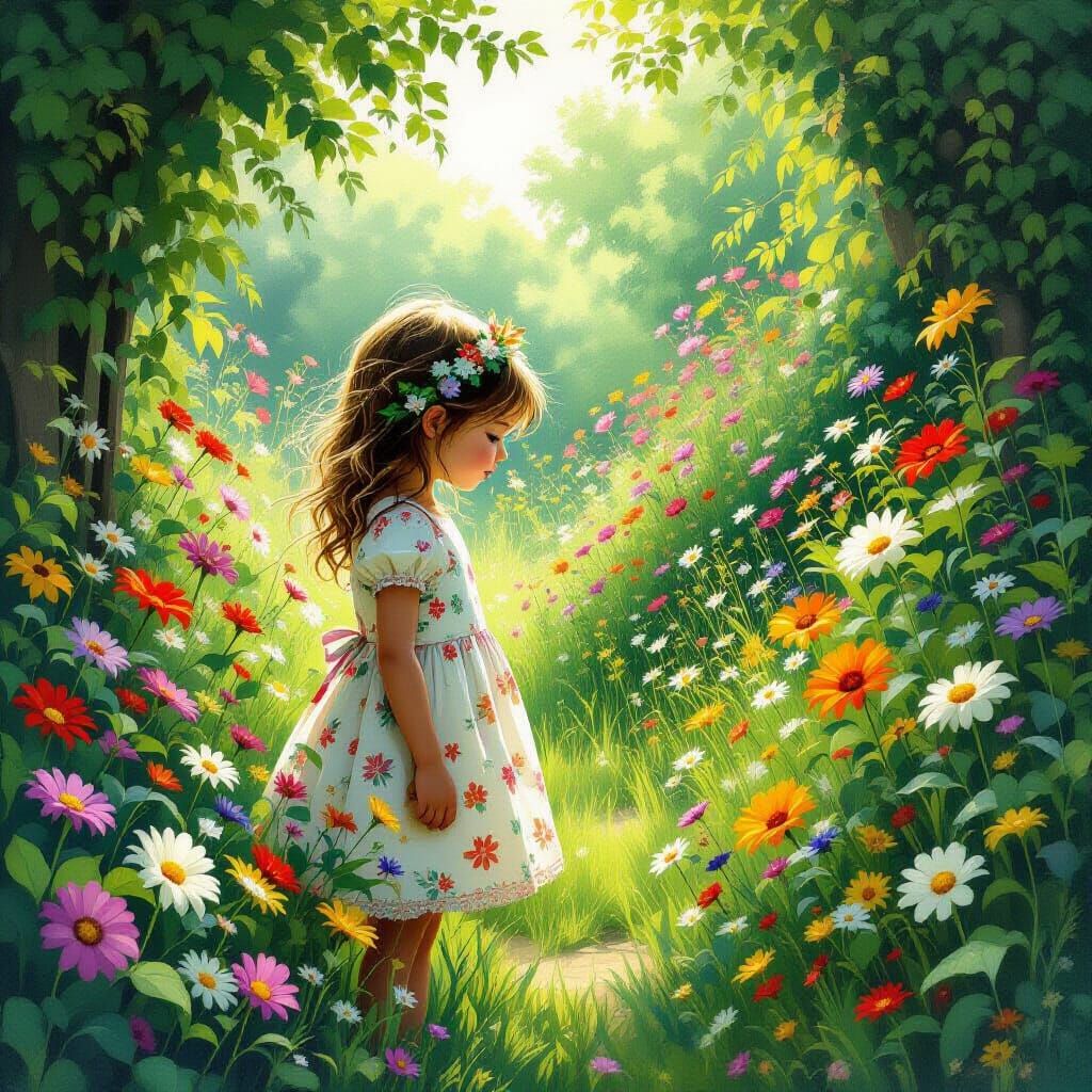 Girl in Overgrown Garden Art, Dreamlike Nostalgic Style