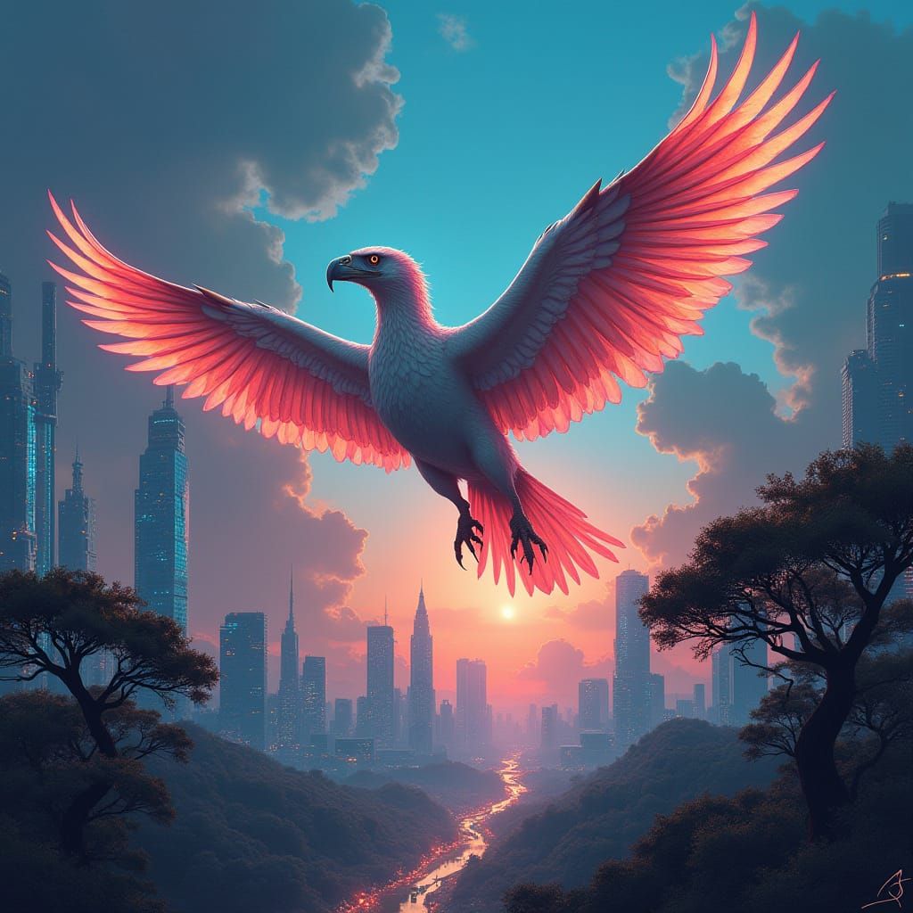Griffin Soaring Over Futuristic Cityscape