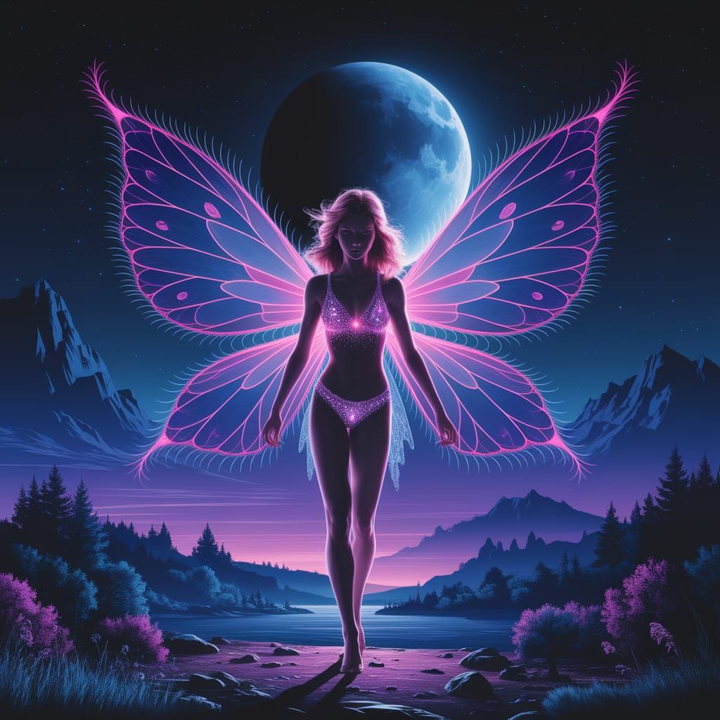 Surreal Neon Goddess Illuminates Dark Night Sky