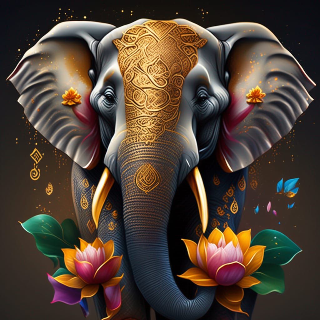 Golden Elephant with Lotus Tattoos: Hyperrealistic Art