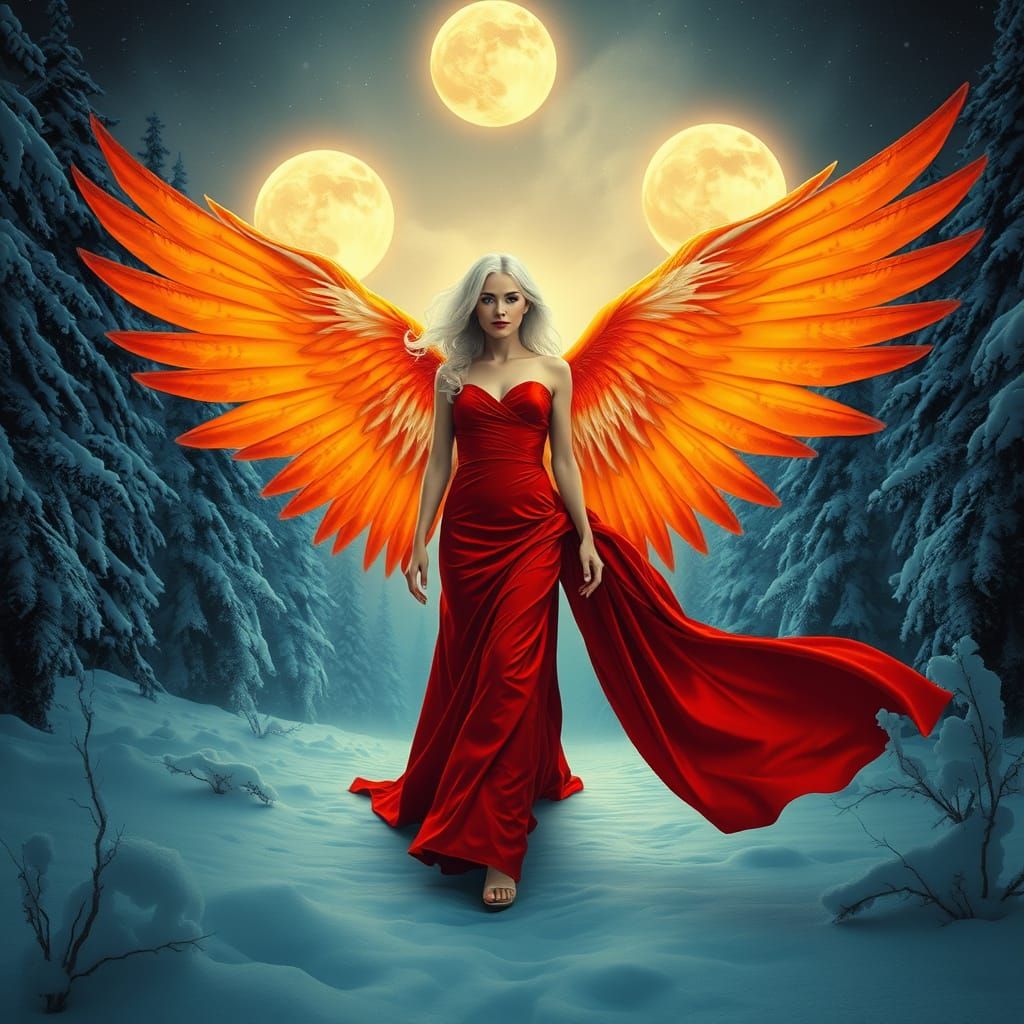 Ethereal Angel in Red Evening Gown Walks Under Three Glowing...
