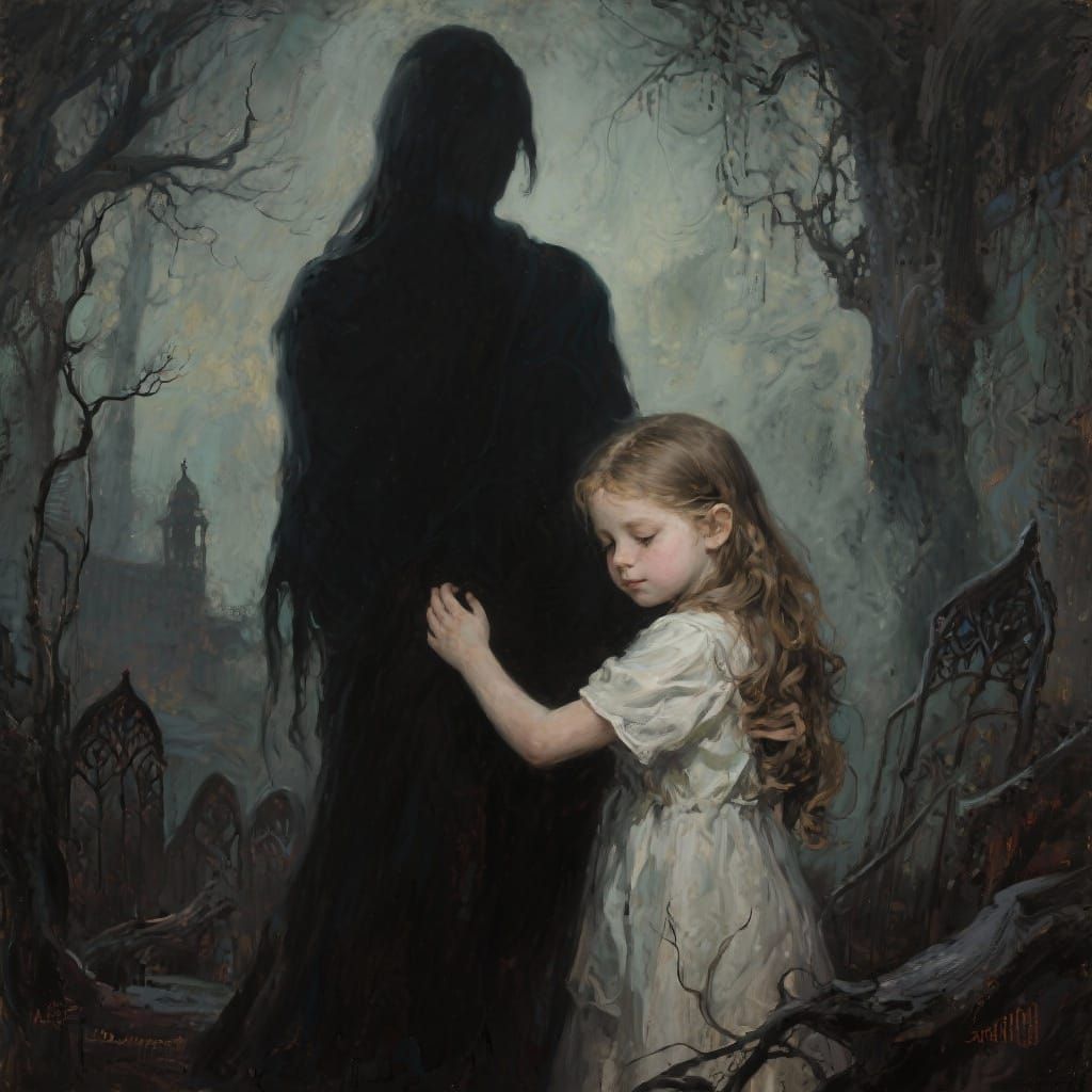 Girl Embraces Shadow Figure: Gothic Oil Painting