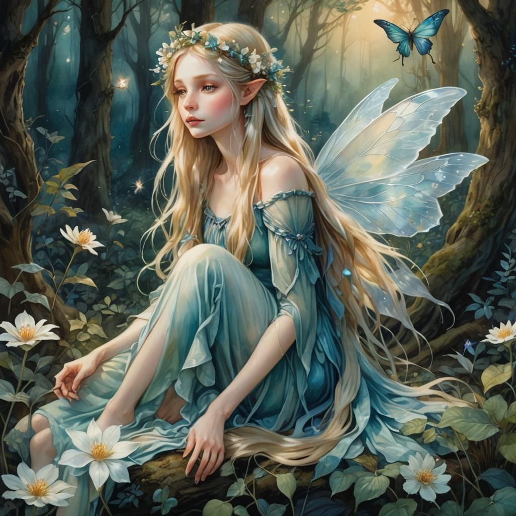 Ethereal Fairy in Forest Glade, Watercolor Style