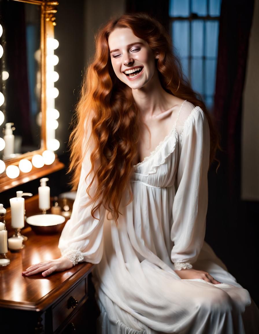 Victorian Woman Laughing at Vanity in White Nightgown