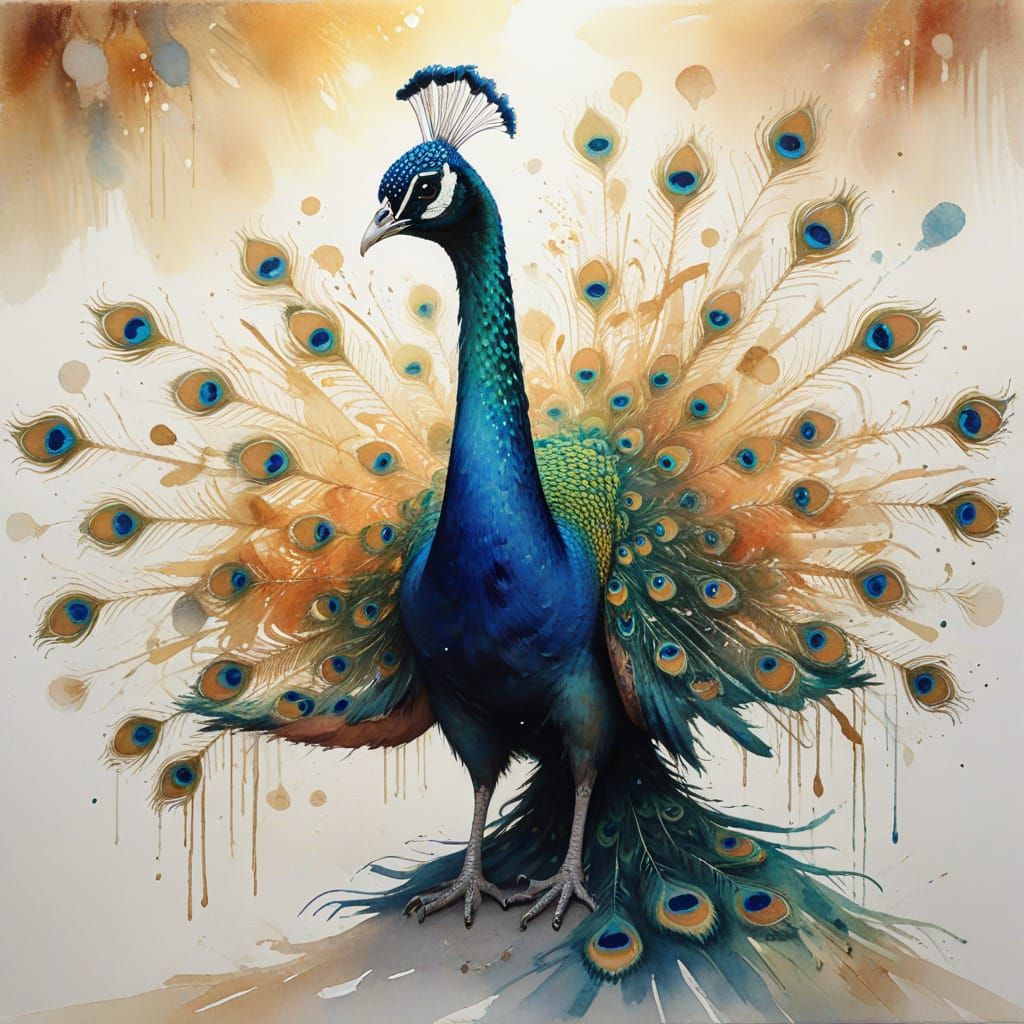 Peacock Displaying Vibrant Feathers in Watercolor Style
