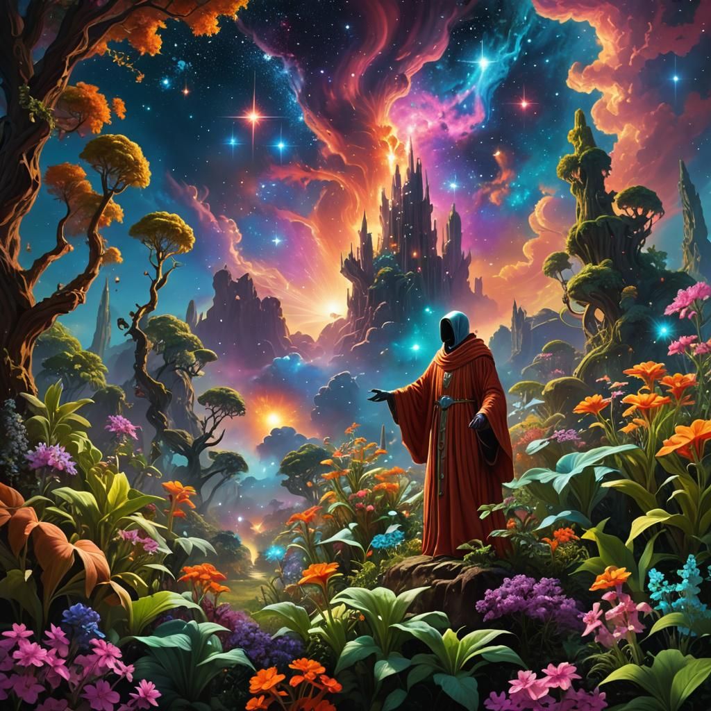 Celestial Gardener in Cosmic Surrealism Style