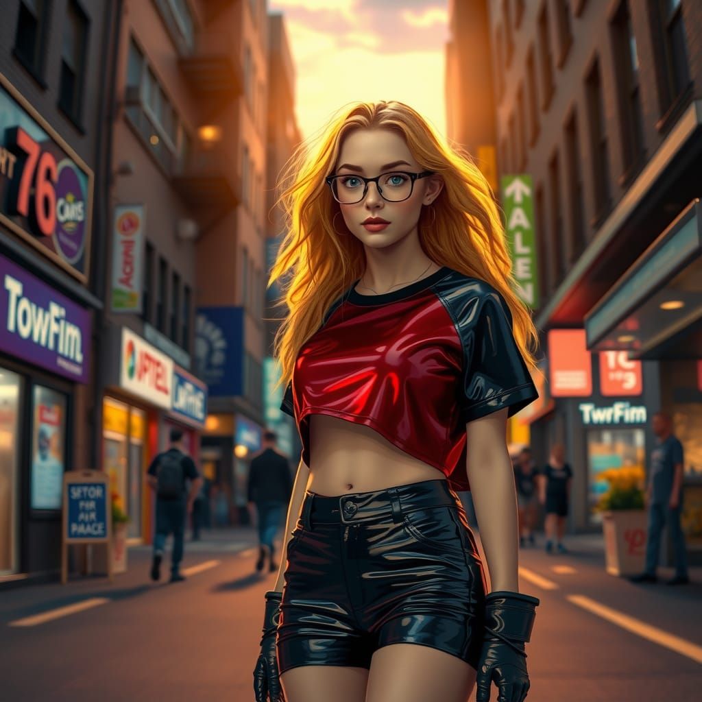 Blonde Woman in Latex Outfit Walks City Street
