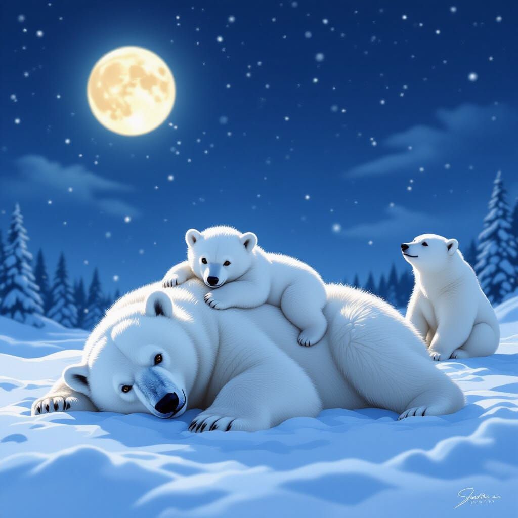 Ultra Realistic Polar Bears in Snowy Nightscape