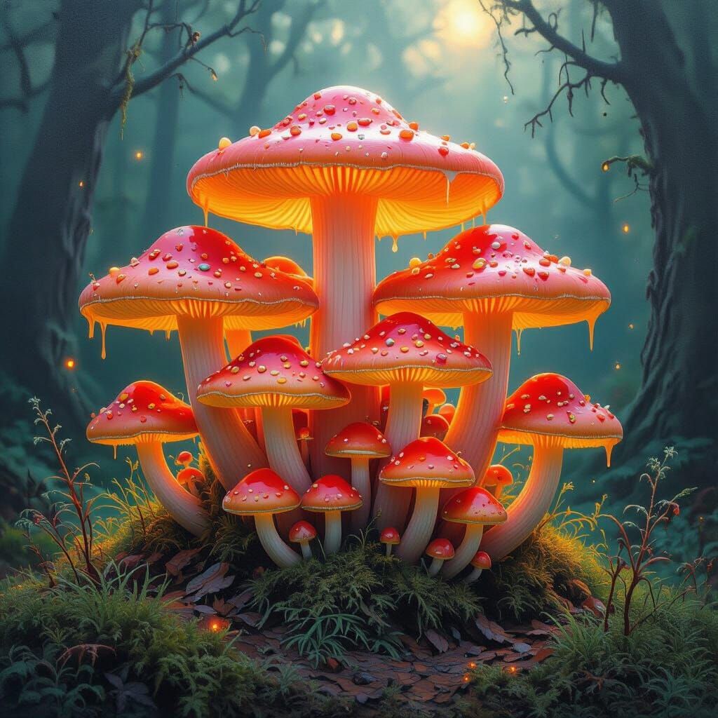 Mystical Glowing Mushrooms with Melted Wax Texture in Surrea...