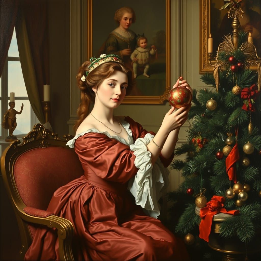 Aristocratic Lady Adorns Christmas Tree in Grand Baroque Sty...