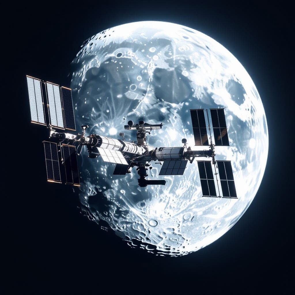 International Space Station Orbiting a Luminous Moon
