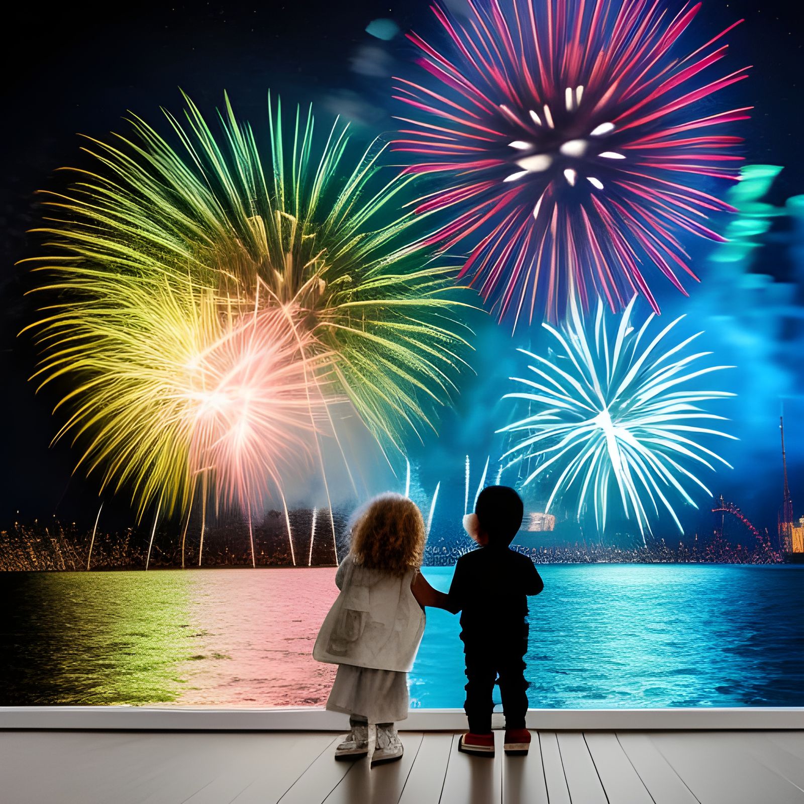 Young brother and sister watching the fireworks