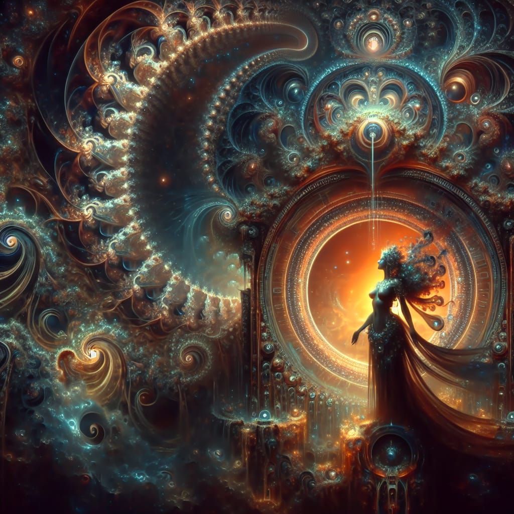 Cosmic Goddess Guarding Fractal Portal in Art Nouveau Style