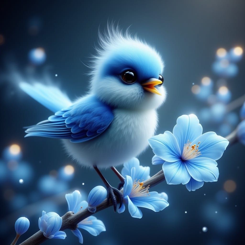 Whimsical Blue Bird in a Dreamy Floral Scene
