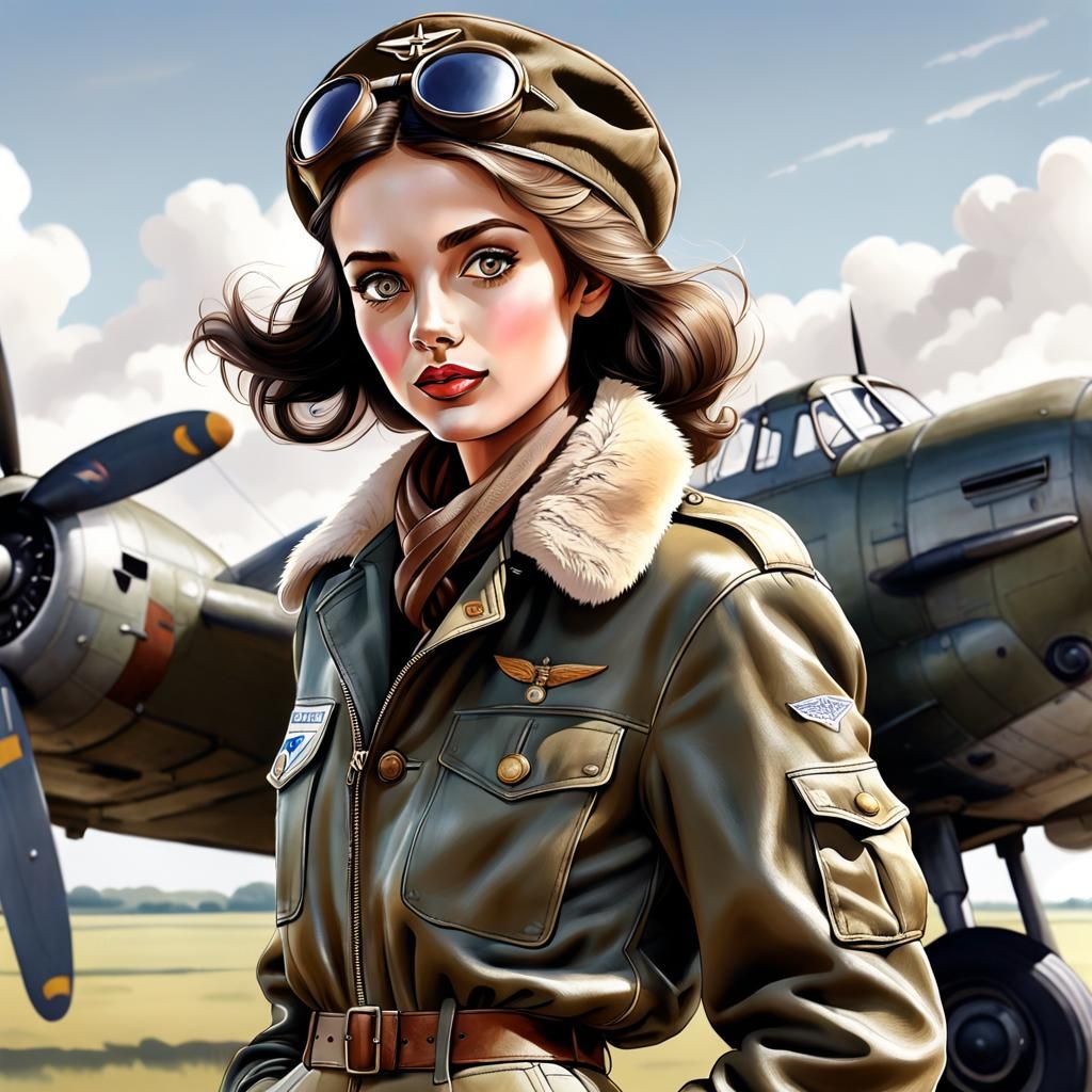 WWII Pilot Supermodel Pencil Sketch on Airfield