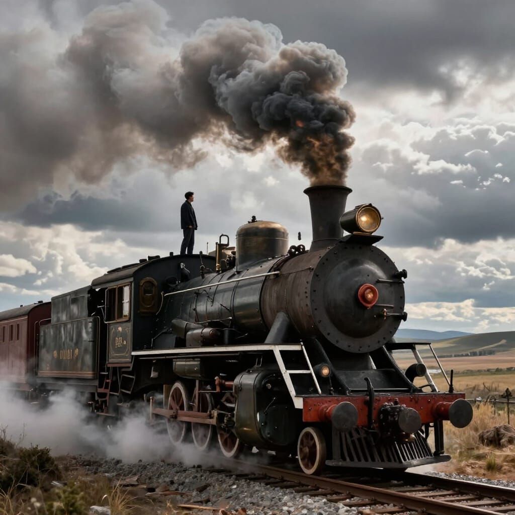 Man on Vintage Steam Locomotive in Dramatic Landscape