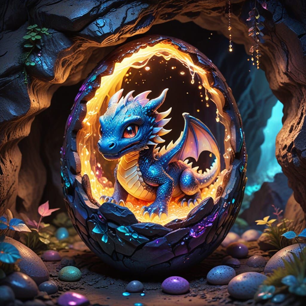 Cute Chibi Dragon Emerging From Egg in Glowing Cave