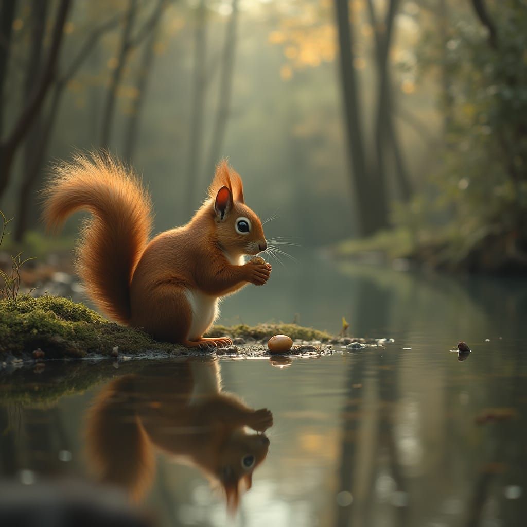 Squirrel Gathers Nuts in Serene Photorealistic Style