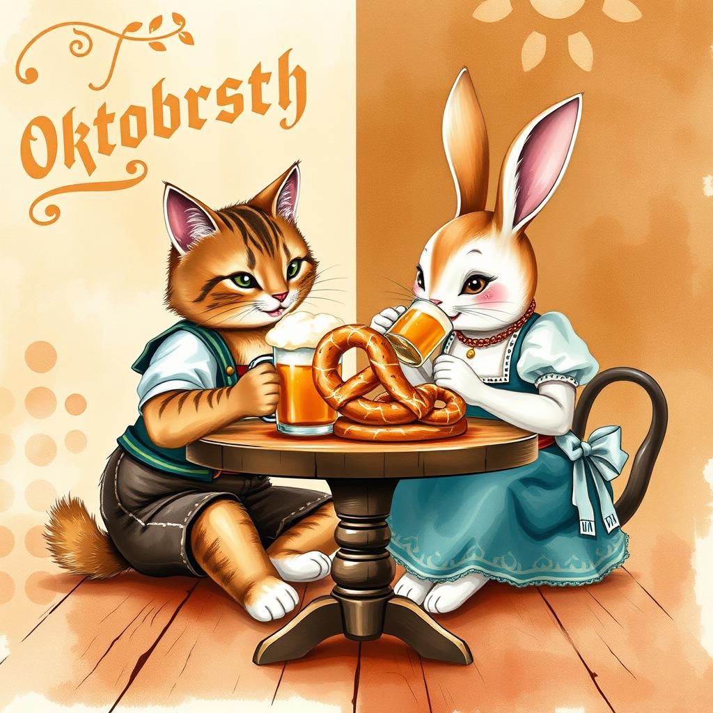 Oktoberfest Celebration: Cat and Bunny Share Pretzels